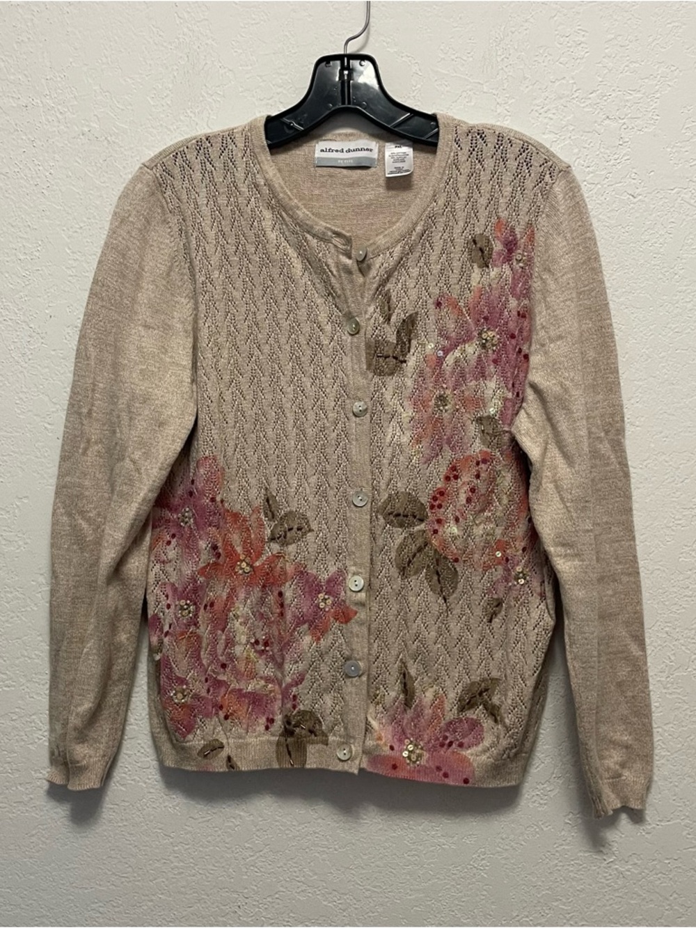 Alfred Dunner Floral Pink Green Cream Cardigan XLP Beads Sequins Embroidered